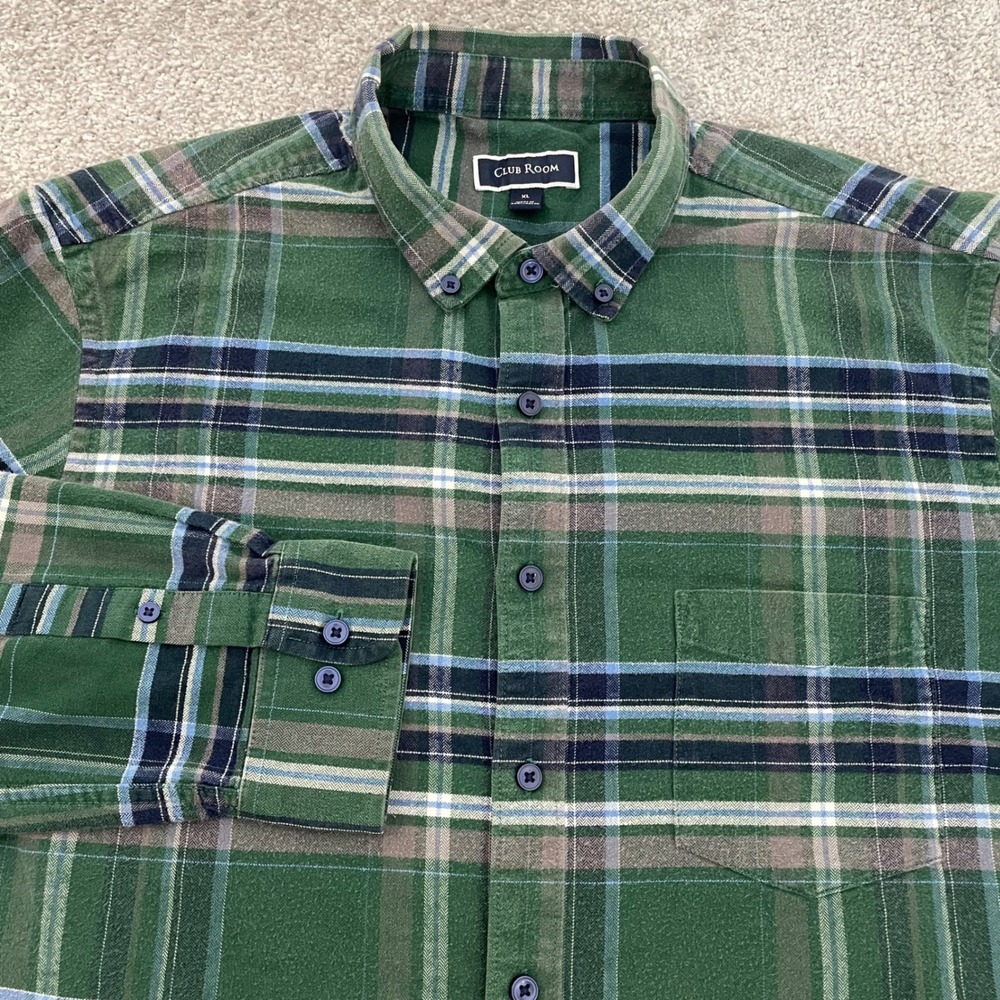 Club Room Flannel Men XL Plaid Green Button-down Long Sleeve Shirt Cabincore
